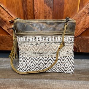 Myra Bag Contentment Crossbody Shoulder Purse Upcycled Canvas Leather Handbag